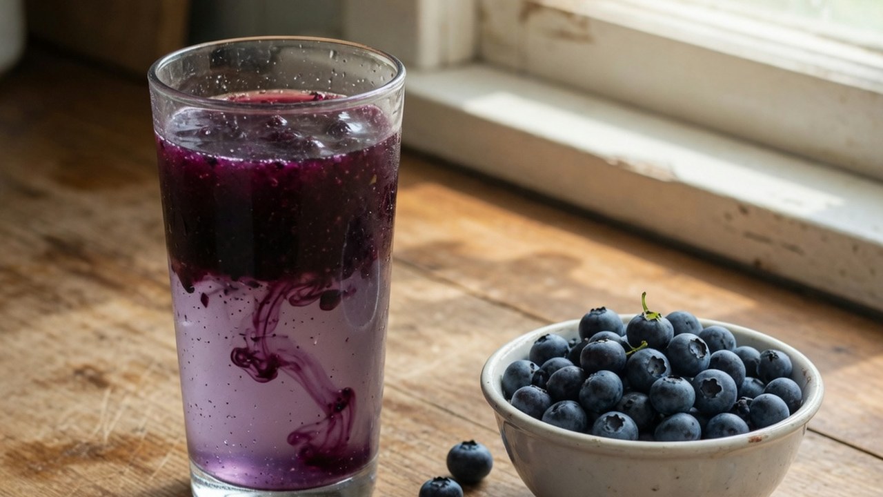 A glass of blueberry smoothie next to a bowl of fresh blueberries on a kitchen table
